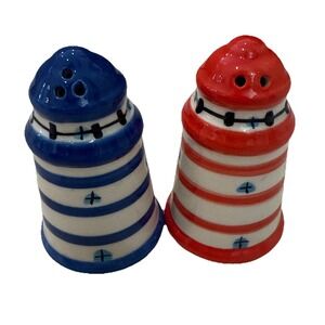 NWT Lighthouse Salt & Pepper Shakers Red White Blue‎ 2.75"H x 1.5"W Nautical
